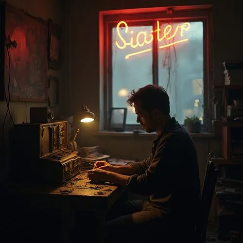 Within a decrepit apartment, illuminated solely by the flickering light of a malfunctioning neon sign outside the window, a man sits at a cluttered desk. Surrounded by obsolete electronics and stacks 