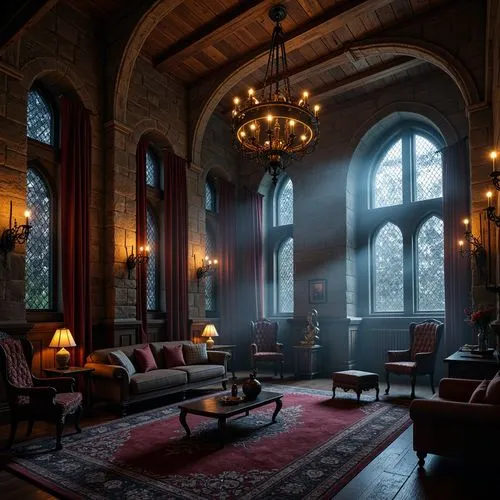Mysterious Gothic chamber, dark wood furniture, stone walls, grand chandelier, warm candlelight, eerie lanterns, mysterious shadows, mystical fog, dimly lit alcoves, stained glass windows, majestic dr