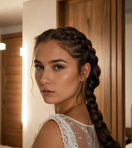 A conceptual art portrait of a beautiful caucasian young woman with long brown hair and a braid, 21 years old, dressed in a white minidress with neckline, standing on her back with her head tilted bac