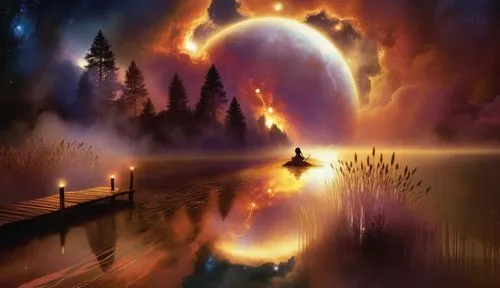 sexy beautiful black woman nude,the sun and moon are shining on the water,fantasy picture,fantasy landscape,fantasy art,dreamscape,world digital painting,moon and star background,Illustration,Realisti
