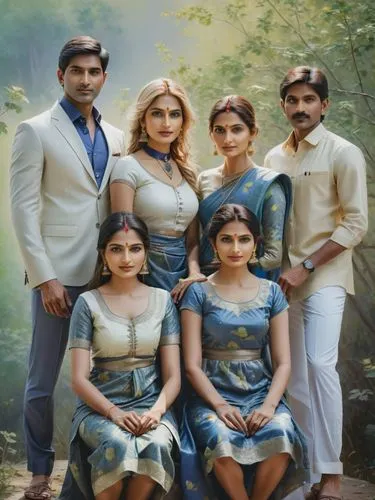an Indian family photo,a family posing for a picture with trees in the background,athavale,tahiliani,azerbaijanis,polygyny,balakrishna,karuppan,Photography,Documentary Photography,Documentary Photogra