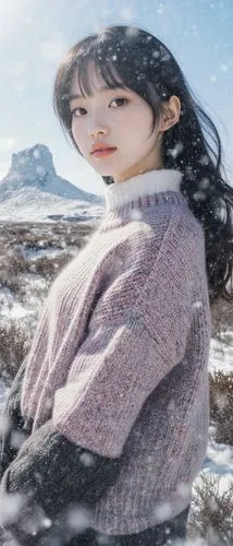beautiful girl, knit top, landscape in iceland, winter vegetation, volcanic landscape, an ultra fine and detailed abstract photoshoot of an Editorial extreme close-up shot,a girl is standing in the sn