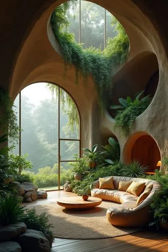 An immersive, nature-inspired interior living room that seamlessly blends the outdoors and the indoors. A series of organic, curved arches frame a lush, verdant landscape visible through the panoramic