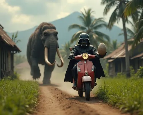 Darth Vader, riding a 1980s Vespa scooter with a dinosaur egg in his hand, panicking with a frightened expression running away from a giant adult mammoth chasing behind him. The scene is set in a trad