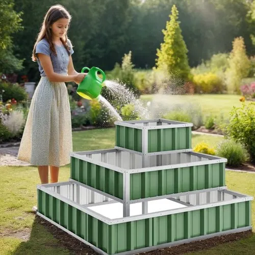 A girl stands by with a jug of water sprinkling, with a garden in the background,a little girl watering water out of a green container,watering can,aaaa,decorative fountains,vegetable crate,garden mai