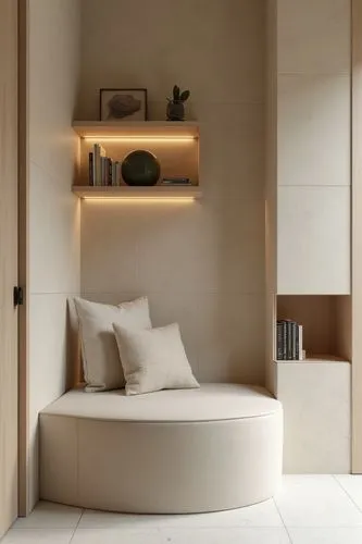 textured comfortable reading nook in home office, mini book shelf, minimalist style,this round bed is near a shelf with books,anastassiades,headboards,headboard,minotti,contemporary decor,wall lamp
