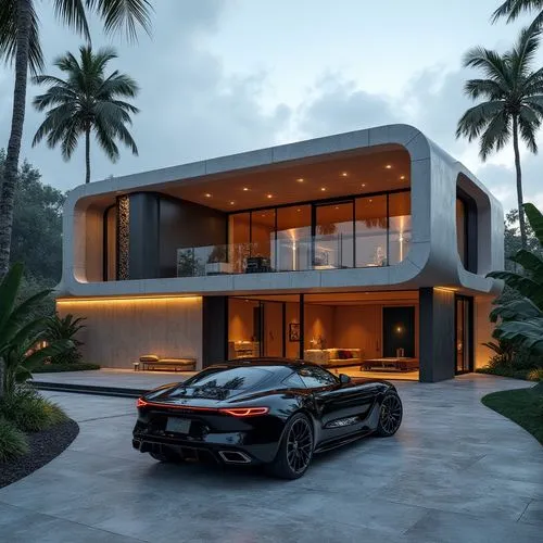 A hyper-realistic, high-resolution architectural photograph of an ultra-modern, luxury residence at dusk, showcasing a sleek, curvilinear façade composed of smooth stone panels, dark metal accents, an