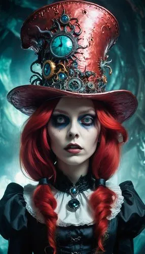 Give me the femenine version of the crazy hat from Alice in wonderland, red hair, magic style. Young woman how looks like femenine version of the daughter of Johnny Depp.,hatter,rasputina,queen of hea