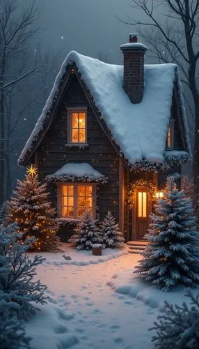 A magical Christmas wallpaper featuring cozy exterior, styled with monochrome tones, evoking a festive and cheerful atmosphere.,a house with snow on the roof and two windows,winter house,christmas lan