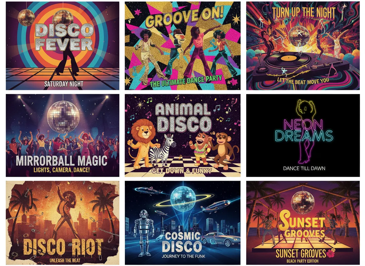 하나의 프롬프트에서 생성된 9개의 다양한 디스코 스타일 포스터 변형을 보여주는 그리드. 창의적 다양성을 보여줍니다.