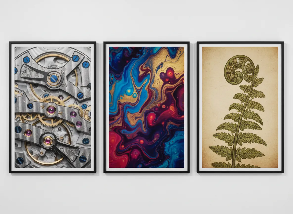 विभिन्न AI मैक्रो छवियों की एक गैलरी: एक घड़ी की मशीनरी का क्लोज-अप, पेंट के घुमावों का एक एब्स्ट्रैक्ट, और एक फर्न का वानस्पतिक इलस्ट्रेशन।
