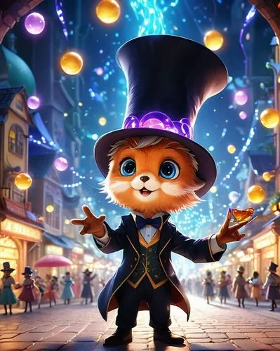 a magician performs a show of light deception in a mystical atmosphere of the play of light and shadow,a cartoon cat dressed as the character leraval dressed like a wizard,magical adventure,storybook 