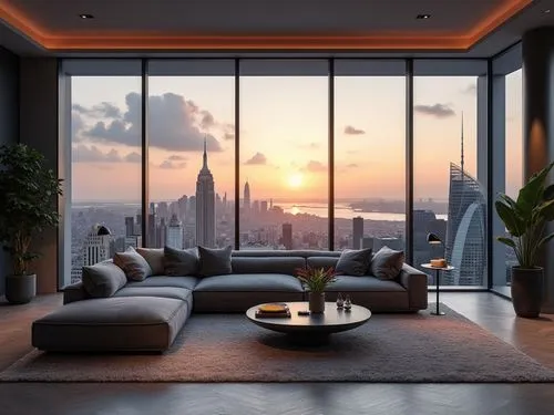 A luxurious penthouse living room with floor-to-ceiling windows offering a panoramic view of the city skyline, featuring a modern gray sectional sofa, a soft area rug, and contemporary furniture, with