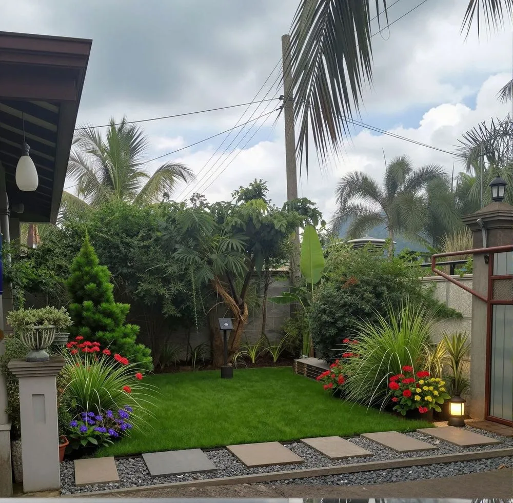 a backyard with trees and plants, lights on in the corner