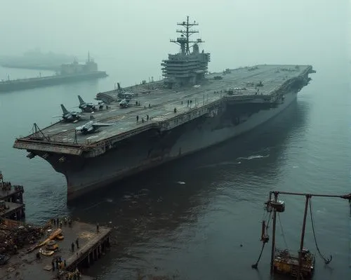 一艘正在充滿油汙,雜亂的軍港拆解到一半的航空母艦,碼頭有焊接工人在焊接,忙碌的工作,甲板上停放戰鬥機,a large military ship is docked in the ocean,uss carl vinson,uss kitty hawk,aircraft carrier,liaoning,cvn,supercarrier