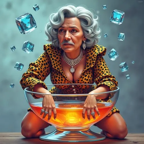 old man screams,a woman with white hair is sitting in front of a bowl of liquid and ice cubes,einsteinium,el salvador dali,geraldo,einstein,shulgin,maraschino,thorgerson,newton's cradle,silvermane,gwe