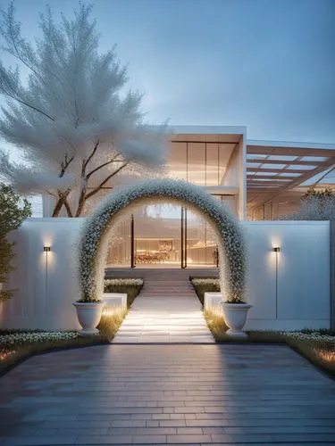 a beautiful entrance leading to a modern home,prefab,smart home,private house,pergola,residential property,luxury property