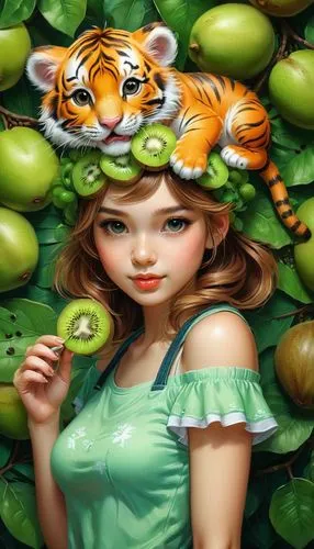 a painting of a girl with two cats and a kiwi,green oranges,watermelon background,green background,green apples,green,watermelons,green wallpaper,guava,green grapes,forest fruit,watermelon painting,pa