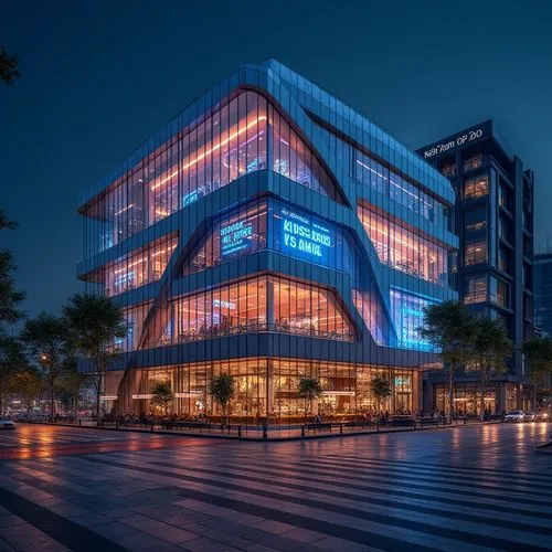 Modern commercial building, sleek glass facade, bold LED lighting, dynamic digital displays, futuristic architecture, urban cityscape, bustling streets, vibrant nightlife, trendy cafes, upscale restau
