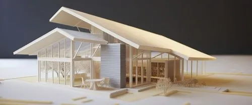 a model is shown with a wooden house and white building,prefab,prefabricated,model house,prefabrication,miniature house,provident