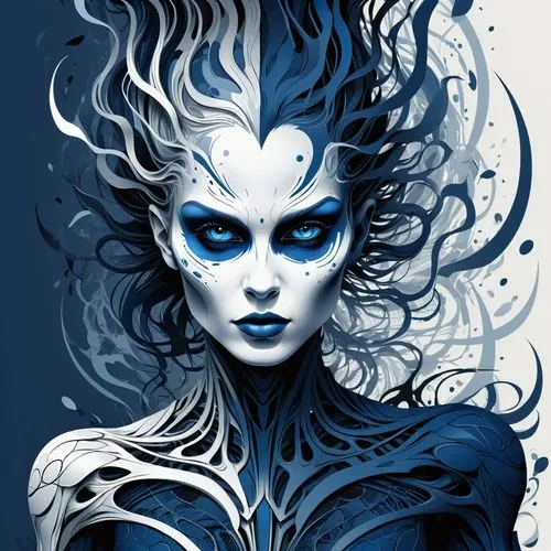 GRAPHIT STYLE, An ominous and intricate digital illustration, the piece captures a woman's intense posture. Her eyes, a dark blue, are illuminated by a blend of white and dark blue lines, emphasizing 