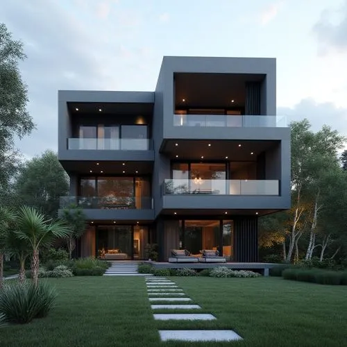 A contemporary, multi-story luxury residence showcasing a bold, geometric composition of stacked rectangular volumes in deep charcoal and slate hues. The façade features sleek glass railings, spacious