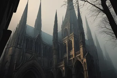 Gothic spire architecture, grand cathedral, intricate stone carvings, stained glass windows, pointed arches, ribbed vaults, flying buttresses, ornate sculptures, majestic entrance, intricate gargoyles
