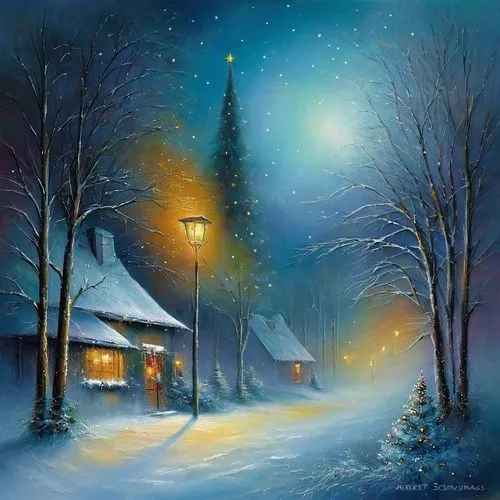 christmas,a painting of a snow covered street with trees and street lamps,winter night,christmas landscape,christmas snowy background,snow scene,winter background,winter landscape,night snow,snow land