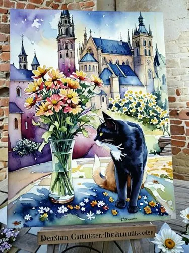 Черный Кот, хризантемы и собор на дальнем плане,a painting of a cat next to flowers in a vase,flower painting,delft,flower animal,flower cat,flower art,church painting
