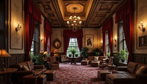 Rustic wooden accents, distressed stone walls, ornate metalwork, velvet drapes, luxurious chandeliers, rich wood tones, soft warm lighting, dimly lit atmosphere, intimate seating areas, lavish furnish