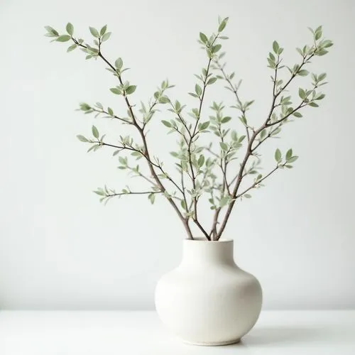delicate elegant decorative branches with small green leaves ,on white wall,frontview, simple elegant  white chalk stone vase
,green nches in a white vase against a plain wall,a sprig of white lilac,b
