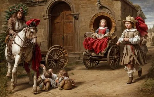 children playing in the church horse drawn buggies during christmas,holy family,blessing of children,riding lessons,candlemas,dolls pram,mother with children,pilgrims,baby carriage,procession,nativity