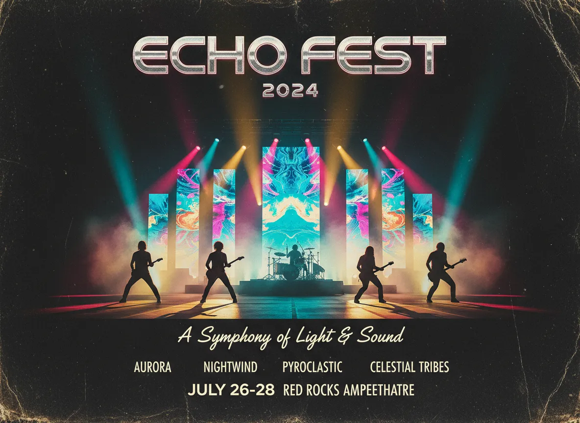 Un poster per un festival musicale con un palco caratterizzato da un'illuminazione volumetrica vibrante e multicolore e un drammatico effetto chiaroscuro sugli artisti.