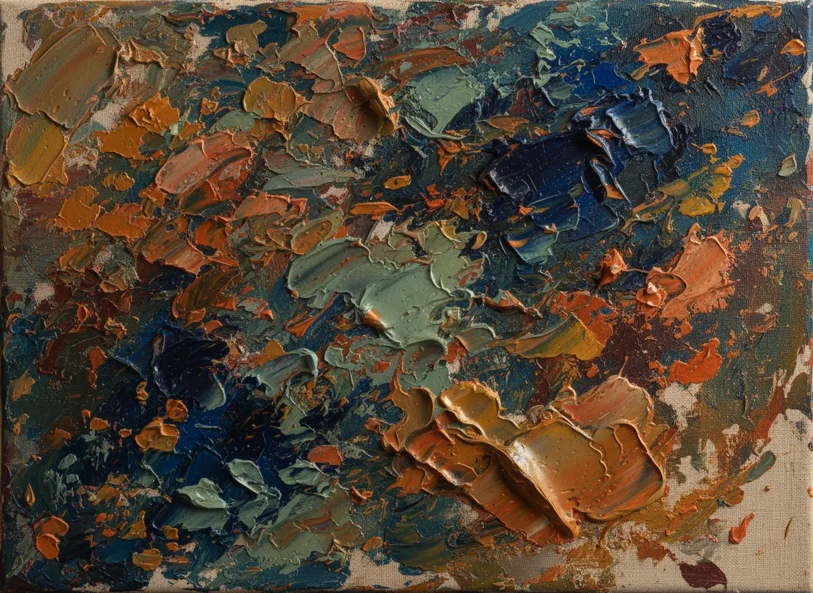 Detailansicht eines texturierten abstrakten Kunstwerks, das dicke, geschichtete Farbe und Spachteleffekte zeigt und den Realismus von PromeAI demonstriert.