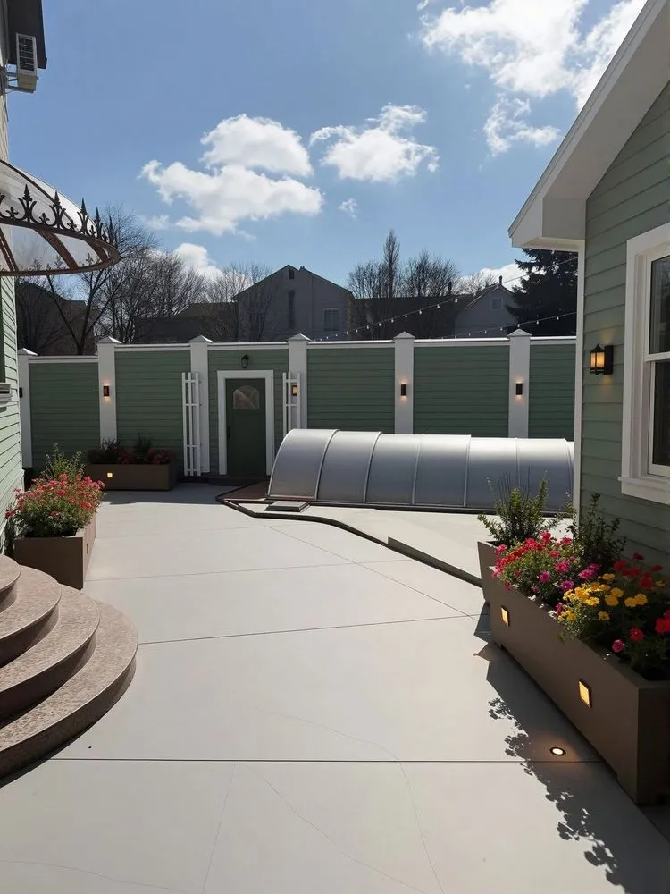 a home with a walkway, flowers and mailboxes