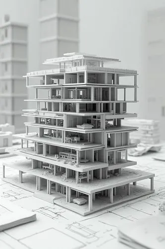 detailed architectural model of a multi-story building. The model is displayed in a monochromatic, technical style, showcasing various structural elements such as floors, rooms, and support beams. Sur