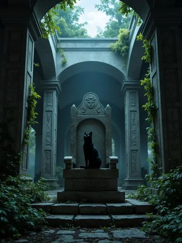 Deep within the ruins of a forgotten temple, a black cat sits atop a crumbling stone throne, surrounded by ancient carvings and faded symbols. The moonlight filters through cracks in the stone, illumi