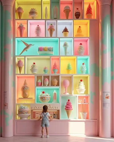 a little girl standing in front of a display case,ice cream shop,doll kitchen,the little girl's room,ice cream parlor,toy store,candy shop,candy store,doll house,ice cream stand,kids room,soda shop,ic