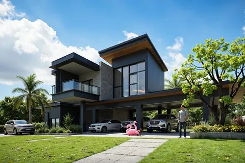 A photo-realistic rendering of a modern, minimalist house with a black exterior and large glass windows. the house is situated on a grassy hillside, with a clear blue sky and fluffy white clouds in th