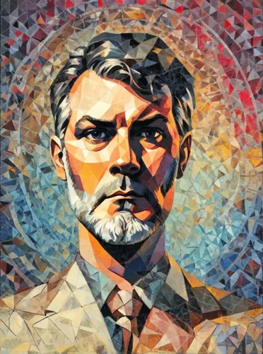 portrait in the style of polygonal painting in the mosaic style of Alexander Deineka, the face is also divided into color polygons,ernő rubik,david bowie,lenin,zhupanovsky,orlovsky,leonardo,guevara,po