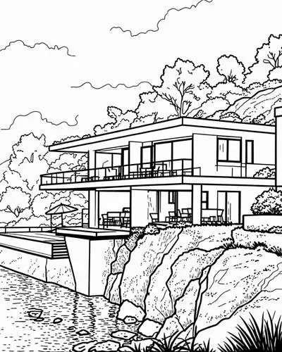 sketchup,mono-line line art,coloring page,inks,office line art,house drawing,coloring pages,cantilevers,inking,house by the water,neutra,houseboat,dunes house,penciling,mid century house,pencilling,ho