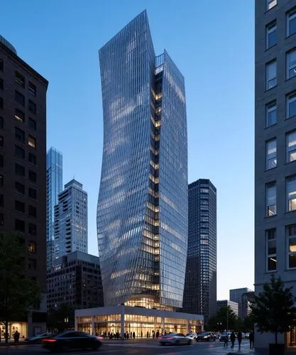 A architectural rendering, realistic, shooting the office high-rise buldings, zaha hadid architecture, modern contemporaty architecture, curvy facade, with grey curtain wall glass, and vertical fins b