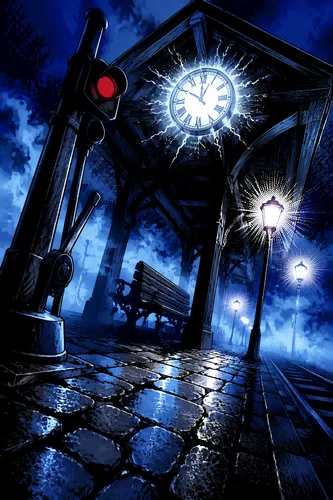 Dynamic Kirby-style comic illustration of a foggy train station at night, viewed from a dramatic worm's-eye angle. Bold black ink outlines define a towering wooden canopy with a huge glowing clock fac