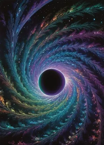 Vibrant psychedelic galaxy, colorful nebulae, swirling clouds of gas, shimmering stardust, mesmerizing black hole, glowing purple-blue-green hues, intricate cosmic patterns, 3D fractal structures, glo