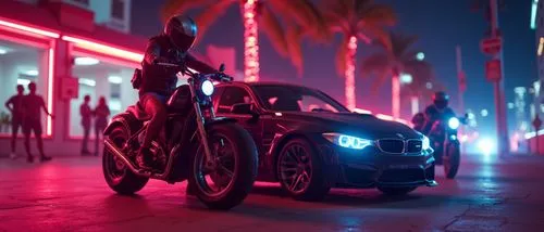 miami beach,cyberpunk car,girls on bikes,a dark po of a person riding a motorcycle next to a car,tron,neon lights,electric scooter,bike city,night lights,cinematic,city bike,blue motorcycle,parked bik