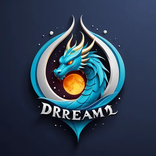 Logo for text "'Dream"' on the theme of shang-ra-la loney toon dragon, moon in a tear drop logo theme. 3d logo,steam logo,logo header,steam icon,dreams,dream,diwali banner,dream world,logodesign,drago