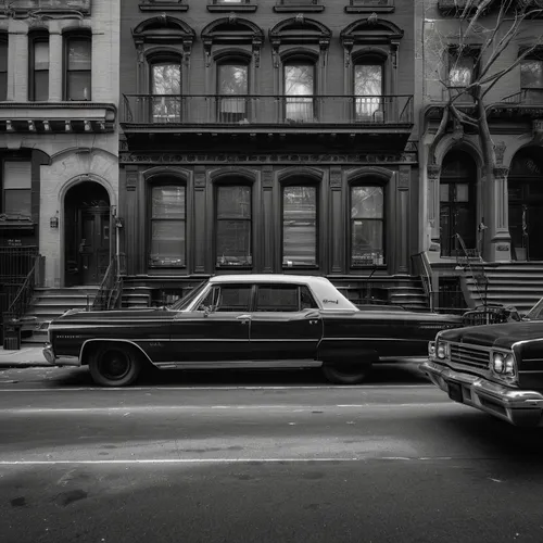 Harlem, NYC, black and white photo,cadillac fleetwood,new york taxi,taxi cab,dodge monaco,cadillac bls,lincoln continental,cadillac de ville series,cadillac fleetwood brougham,bronx,buick electra,new 