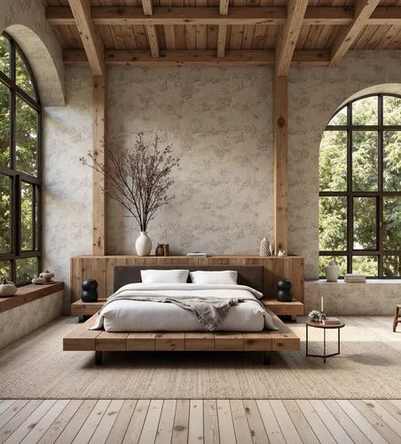 A rustic-modern bedroom with a minimalist wooden platform bed, textured walls, and arched windows showcasing natural views. The room is styled with earthy tones, soft textiles, and a serene, timeless 
