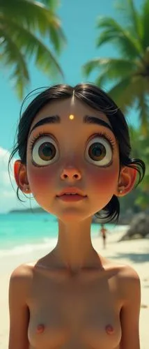 A close-up shot of the top part of a whole face and a solitary individual, on a beautiful beach. The eyes are wide open as if it's been done with one eye being completely full and not showing it, whil