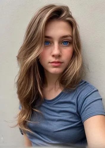 a close-up of a young caucasian girl with blue eyes and brown whiskers, dressed in a blue t-shirt, her reflection can be seen on her skin, she is looking directly at the camera, showing her time as ap